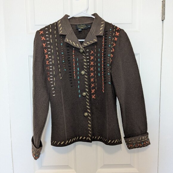 Icelandic Design Cardigan Sz Med Embroidered Button Front Brown Collar Felt Wool - Picture 1 of 11